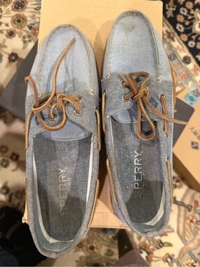 Sperry Light Blue Canvas Boat Shoes with Tan Soles